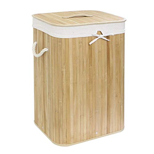 WM Homebase Wäschekorb aus Bambus Faltbar Aufbewahrungsbox Herausnehmbaren Wäschesack mit Deckel in Naturfarbe Rechteckig 40x30x60CM