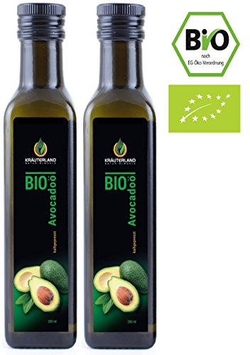 BIO Avocadoöl • BIO-zertifiziert • ab 9,90 • 500ml • Kaltgepresst • 100% Naturrein • zum Braten oder Grillen • Speiseöl und Naturkosmetiköl • für Gesicht, Haut und Haare • Gourmetküche: Kräuterland Natur-Ölmühle (2 x 250ml)