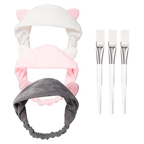 HBselect 3 Stück Gesichtsmaske Pinsel mit 3 Katze Ohr Stirnband Schminken Werkzeug Set für Gesichtsmaske und Augenmaske grau rosa weiß