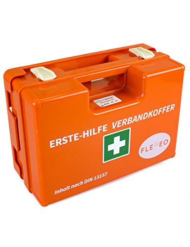 Erste-Hilfe-Koffer für Betriebe DIN 13157 in orange, Verbandkasten gefüllt und mit Wandhalterung