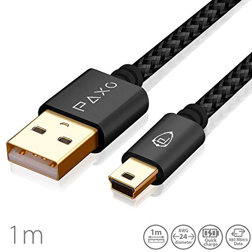 1m Nylon Mini USB Kabel schwarz, USB auf Mini USB Ladekabel, Goldstecker, geflochtenes Kabel (Braided)