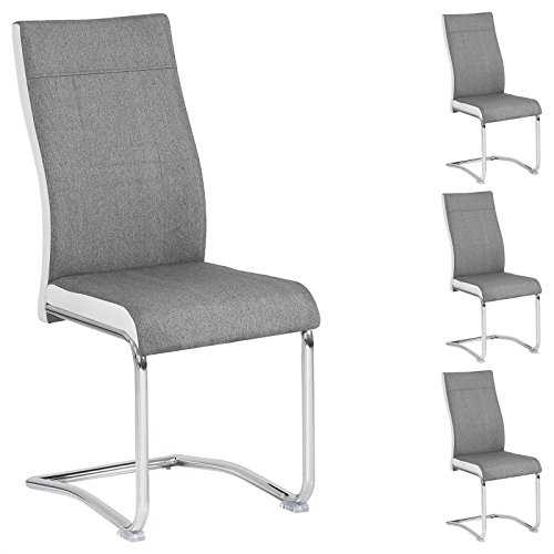 CARO-Möbel 4er Set Esszimmerstuhl Küchenstuhl Schwingstuhl ALBA, Stoffbezug in grau und weiß, Metallgestell in Chrom