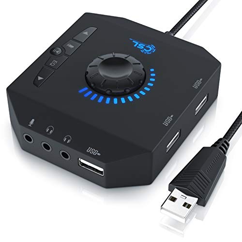 CSL - USB Soundkarte extern | Soundkarte mit Lautstärkeregelung + USB Hub | Anschluss für Headset, Kopfhörer, Mikrofon | Equalizer | Steuerung eines Audioplayers | schwarz