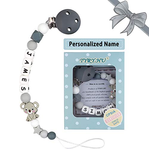 Schnullerkette mit Namen für Mädchen und Jungs Personalisierte Schnuller Dummy Clips Zahnen Silikon Koala Babydusche (Grauer Koala)