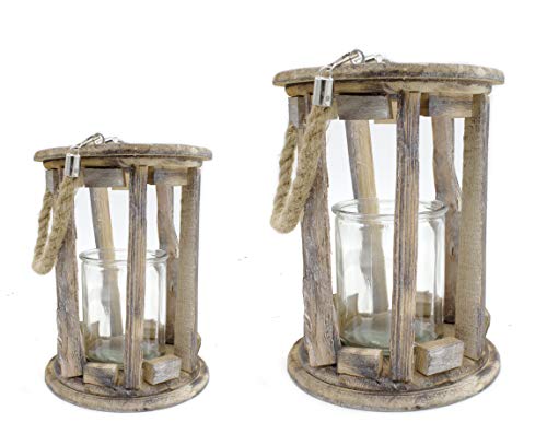 DARO DEKO Holz-Laterne mit Kerzenglas und Seil-Griff 2er Set - S und L