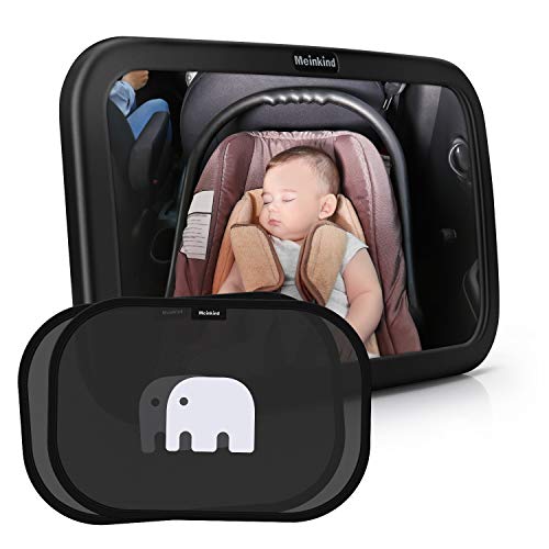 Meinkind Auto Rücksitzspiegel mit Sonnenschutz(2 Stücke) für Babys, großer Baby Autospiegel (30cmx19cm), Selbsthaftende UV Sonnenblenden auto für kinder(Schwarz)