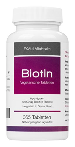 Biotin, EXVital für Haare, Haut und Fingernägel, hochdosiert, 10.000 mcg, 365 Tabletten in deutscher Premiumqualität
