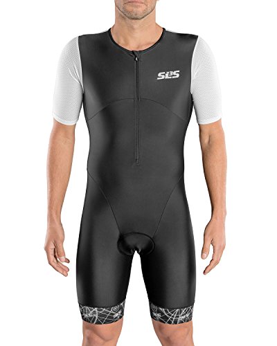 SLS3 Triathlon Einteiler Herren | Aerodynamischer Trisuit mit Ärmeln | 2 Taschen | Wettkampf | Frontreißverschluss | Schwarz (Black/White, L)