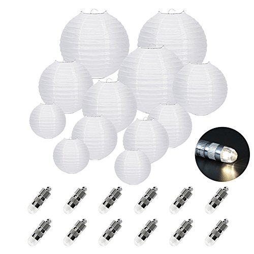 FullBerg 12er Weiße Papier Laterne Lampions (Verschiedene Größen) +12er Warmweiße Mini LED-Ballons Lichter, rund Lampenschirm Hochtzeit Dekoration Papierlaterne