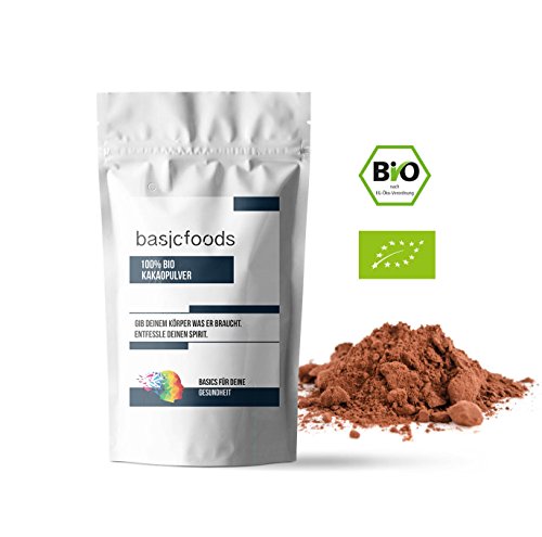 Basicfoods Kakao Pulver 1kg stark entölt Reines Kakaopulver 1000g - Ohne Gentechnik Vegan Vegetarisch und Glutenfrei