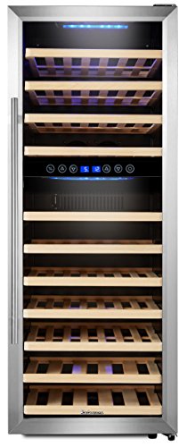 Kalamera KRC-73BSS Design Weinkühlschrank für bis zu 73 Flaschen (bis zu 310 mm Höhe),weinkühler mit Kompressor,zwei Temperaturzonen 5-10°C/10-18°C,(200 Liter, LED Bedienoberfläche, Edelstahl Glastür)