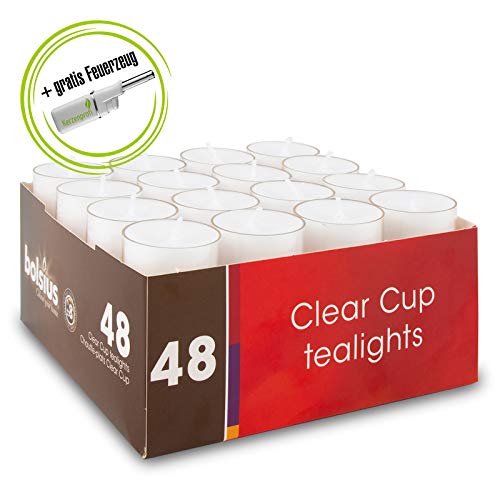 DecoLite: Teelichte mit 8 Stunden Brenndauer im durchsichtigem Becher (Bolsius) & Stabfeuerzeug Kerzenprofi - 1 Packungen Teelichter (48 Stück)