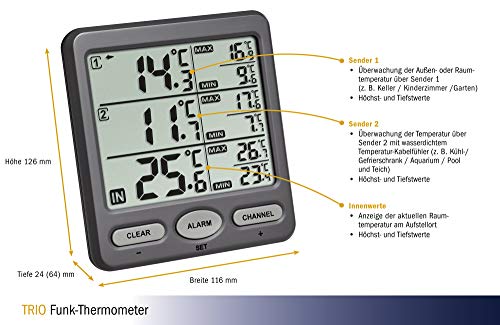 TFA Dostmann Trio Funk-Thermometer, mit 2 Sendern, wasserdichter Kabelsensor, ideal für Kühlgeräte/Aquarium/Pool