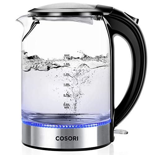 COSORI Wasserkocher Glas Elektrisch Glaswasserkocher 1,7 L mit Edelstahl Innendeckel, LED-Beleuchtung, Wasserstandsanzeige, Auto-off & Trockenlaufschutz, breite Öffnung für einfache Reinigung