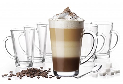 6 Latte Macchiato Gläser 300 ml mit Henkel und 6 Edelstahl-Löffeln (gratis)