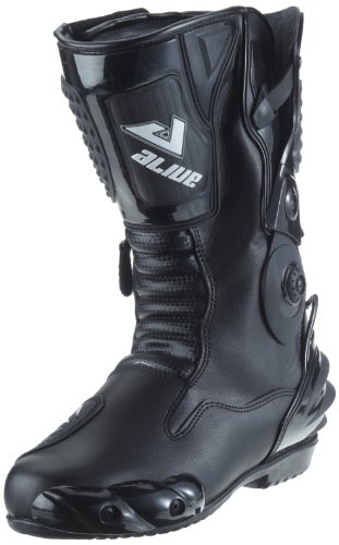 Protectwear TS-006-43 Motorradstiefel Racing aliue, Wasserabweisend aus schwarzem Leder mit aufgesetzten Hartschalenprotektoren, Größe 43, Schwarz