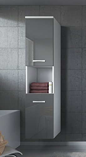 Badezimmer Schrank Montreal 131 cm Grau Hochglanz Fronten – Regel Schrank Hochschrank Schrank Möbel
