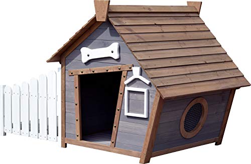 dobar 55016FSCe Outdoor-Hundehütte mit Spitzdach und seitlicher Veranda Comic-Design, FSC-Holz, 146, 3 x 90 x 96 cm, Grau