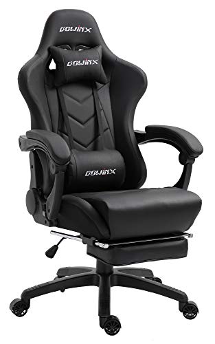 Dowinx Gaming Stuhl Ergonomischer Racing Stil Lehnstuhl mit Massage Lordosenstütze, Büro Sessel für Computer-PU-Leder-E-Sport-Gamer Stühle mit Ausziehbarem Fußraste (schwarz)