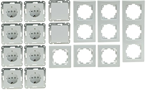 DELPHI Starter-Kit PRO, weiß, 8 Steckdosen, 2 Schalter, inkl. 6 Rahmen 3 x 1er, 2 x 2er, 1 x 3er, einfacher Anschluss