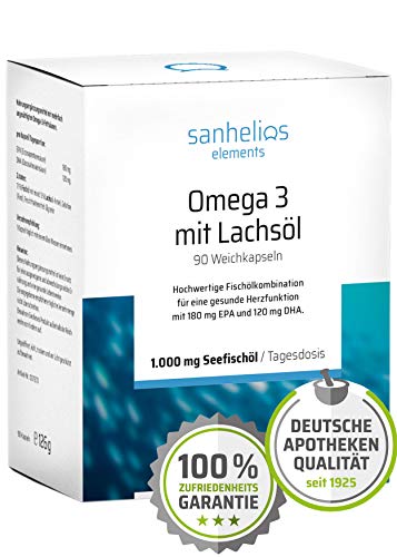 Sanhelios OMEGA 3 KAPSELN MIT LACHSÖL | Hochdosiert Omega-3-Fettsäuren | 1000mg Fischöl je Kapsel | 90 Kapseln | 3 Monate | 180 mg EPA & 120 mg DHA | Apothekenqualität | Made in Germany