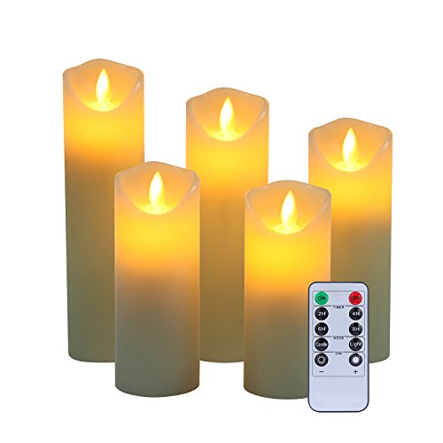 LED Kerzen,Flammenlose Kerzen 12/15/17/20/22CM Set aus 5 Echtwachs mit realistischen tanzenden LED Flammen und 10-Tasten Fernbedienung mit 2/4/6/8-Stunden Timer,300+ Stunden-YIWER (Elfenbein, 5×1)