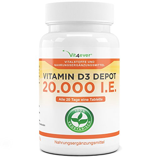 Vitamin D3 20.000 I.E. Depot 240 Tabletten - Hochdosiert - 20 Tagesdosis 1000 I.E. pro Tag - Vitamin D - Alle 20 Tage eine Tablette - Vit4ever