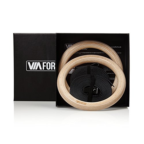 VIA FORTIS Premium Turnringe aus Holz inkl. Tasche – Gym Ringe für Calisthenics & CrossFit – extrabreite Befestigungsgurte mit Markierungen – Wettkampfausführung