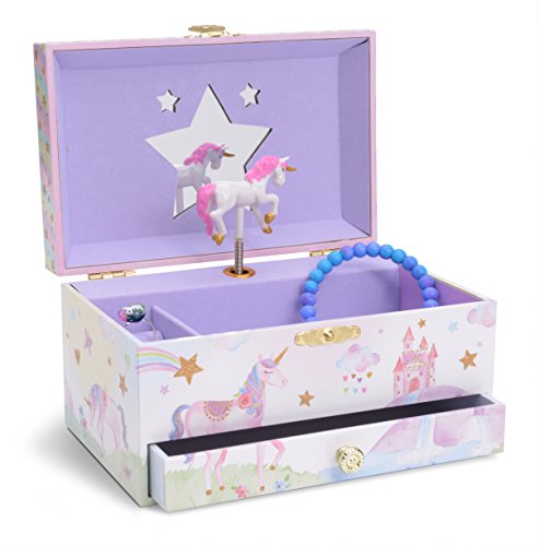 JewelKeeper - Musikalische Schmuckschatulle für Mädchen mit ausziehbarer Schublade, glitzerndem Regenbogen und Sternendesign - dem Einhorn Song