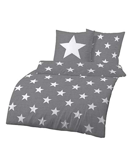 Dobnig Bettwäsche 135x200 Sterne Baumwolle | Bettwäsche Grau mit Sternen | Winter Bettwäsche Set | Sternen Bettwäsche Biber | 100% Baumwolle