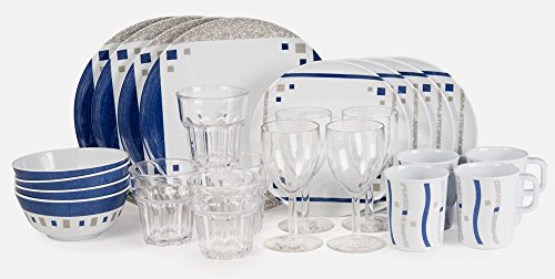 Melamingeschirr Cubic Blue Starterset 24 Teile inkl. 4xWeinglass + 4x Trinkglass