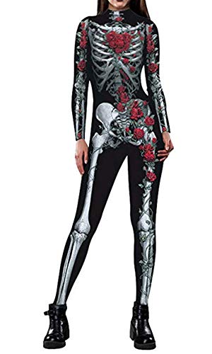 Idgreatim Damen Halloween Jumpsuit Kostüm 3D Print Langarm Skinny Skeleton Catsuit Cosplay Overall Body