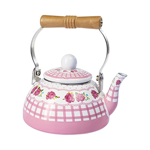 Emaille-Teekessel, Wasserkessel nostalgisch | Teekocher Wasserkocher Flötenkessel Wasserkessel Pfeifkessel, 1,3 l, Stahl, 18x19x15 cm, rosa