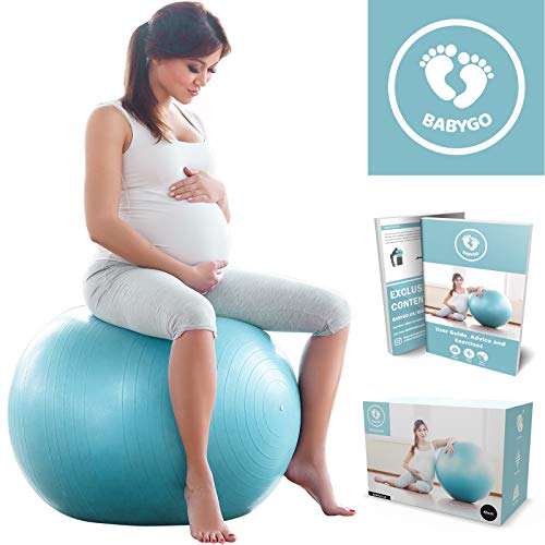 BABYGO Gymnastikball Schwangerschaft Fitness Yoga Core Geburt Ball Sitzball mit Anti-Burst-System 500 KG inkl. Luft-Pumpe + GRATIS Übungsanleitung mit 30 Übungen für alle Trimester 65cm