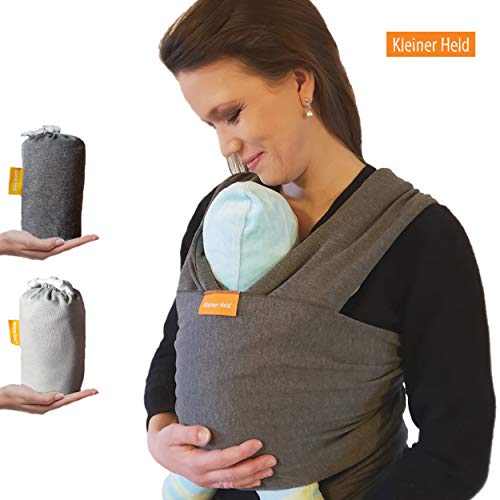 Kleiner Held Baby Tragetuch - hochwertiges elastisches Tragetuch - Babytrage für Früh- und Neugeborene Babys ab Geburt bis 15 kg inkl. Bindeanleitung und Aufbewahrungstasche - Farbe dunkelgrau