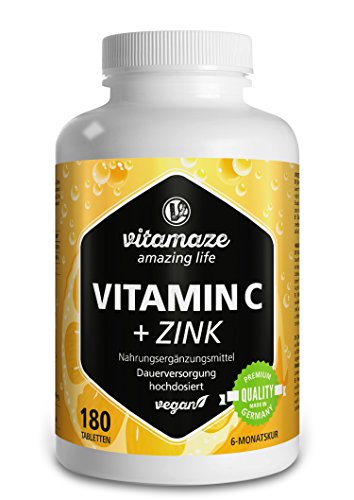 Vitamin C hochdosiert 1000 mg + Bioflavonoide + Zink 180 Tabletten vegan für 6 Monate Qualitätsprodukt-Made-in-Germany ohne Magnesiumstearat, 30 Tage kostenlose Rücknahme! 1er Pack (1 x 261 g)