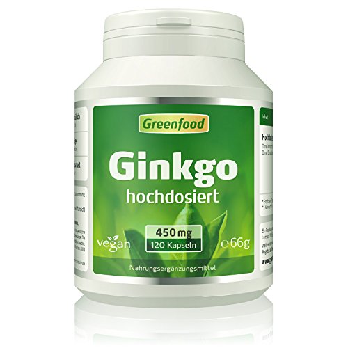 Greenfood Ginkgo Biloba, 100% Blattextrakt, 450mg, 120 Kapseln, vegan - extra hochdosiert