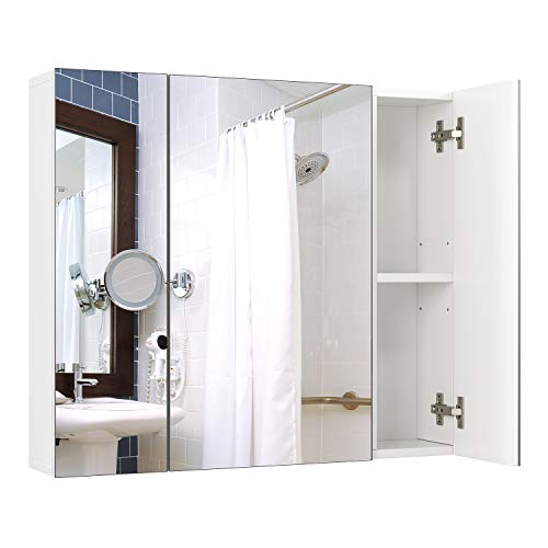 Homfa Spiegelschrank 70x15x60cm mit 3 Türen und verstellbaren Einlegenböden Hängeschrank Wandschrank Badezimmerschrank Badschrank mit 3 Spiegeltüren aus Holz weiß