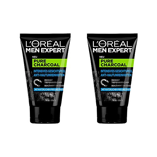 L'Oréal Men Expert Pure Charcoal Kohle, Gesichtspeeling gegen unreine, fettige und ölige Männerhaut und Mitesser Porenreiniger - für klare Haut (2 x 100 ml)