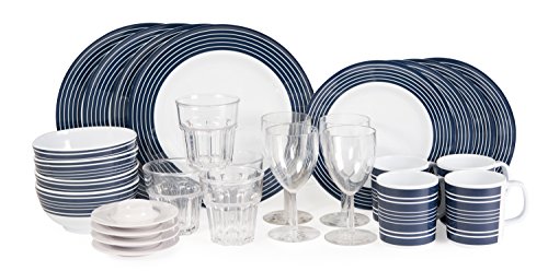 Melamin Campinggeschirr Navy- Pinstripe Blau-Weiß 28 teile Inkl.4x Wasser +4x Weinglas +4x Eierbecher