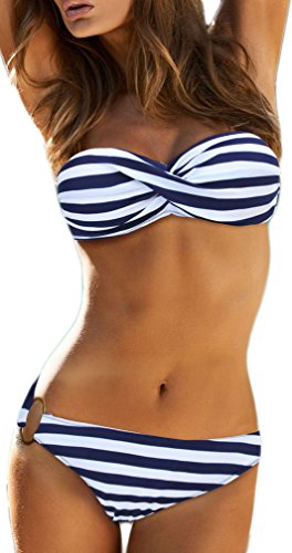 TDOLAH Damen Bandeau Padded Bikini-Set Trägerlosen Badeanzug Push Up (M, A-blaue Streifen)