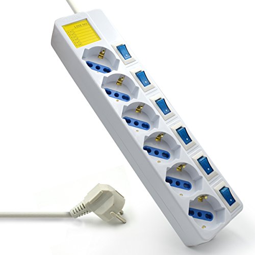 6-fach Steckdosenleiste mit Überspannungsschutz und mit eigenen beleuchteten Schaltern für jede Buchse
