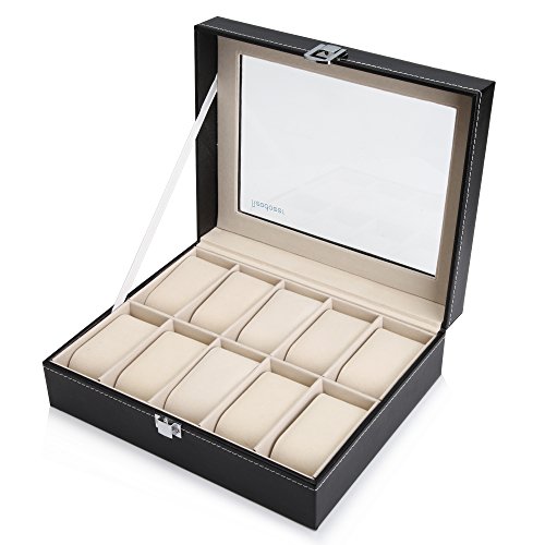 Readaeer Uhrenbox für 10 Uhren Kasten Speicher mit Glasdeckel schwarz aus PU-Leder