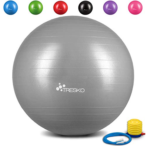 TRESKO Anti-Burst Gymnastikball 55cm 65cm 75cm 85cm | Sitzball | Yogaball | 300 kg | mit Luftpumpe (Grau, 65cm (geeignet für 155-175cm))