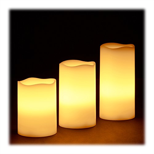 Relaxdays LED Kerzen Echtwachs 3er Set, elektrische Kerzen flackernd, hell, Batteriebetrieben, Ø 7 cm, 3 Größen, creme