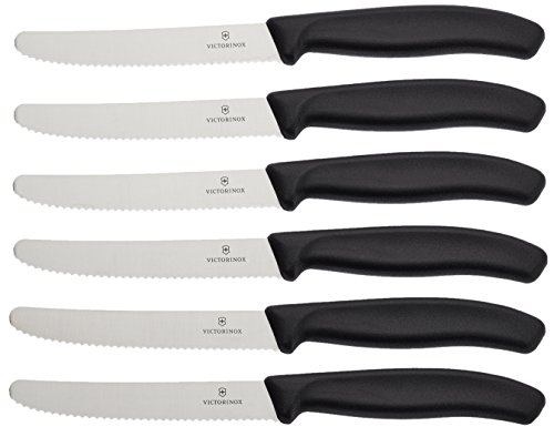 Victorinox Küchenmesser-Set 6 Stück (11cm, Extra scharfer Wellenschliff, Tafelmesser, Ergonomischer Griff, Spülmaschinengeeignet) schwarz