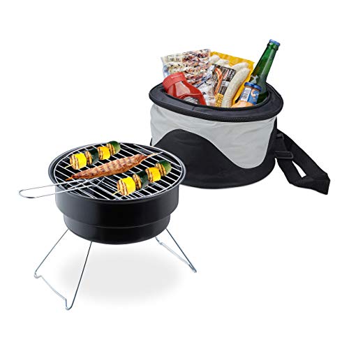 Relaxdays Picknickgrill mit Kühltasche, tragbarer Campinggrill, Ø 26 cm, Mini Grill für leckeres BBQ & Festival, schwarz