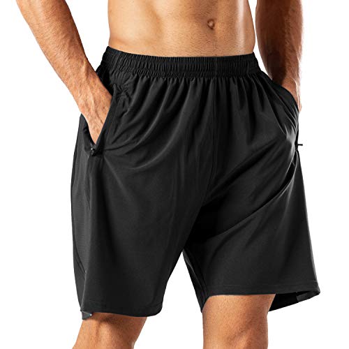 Herren Sport Shorts Schnell Trocknend Kurze Hose mit Reißverschlusstasch(Schwarz,L)