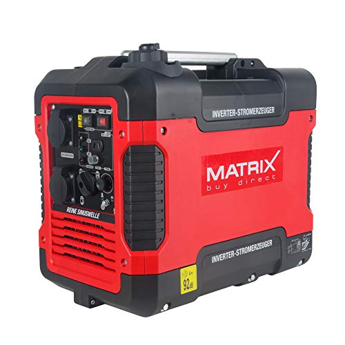 Matrix 160100032 Inverter Stromerzeuger, Stromgenerator Benzin leise, 4 takt, 2000 Watt, für Camping und Garage, rot, schwarz