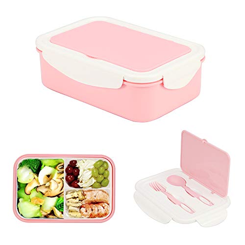 Brotdose aus Kunststoff, Bento Box Lunchbox Mit 3 Fächern und Besteck,1000ml Vesperdose, Mikrowelle Heizung Für Kinder Und Erwachsene (Rosa)